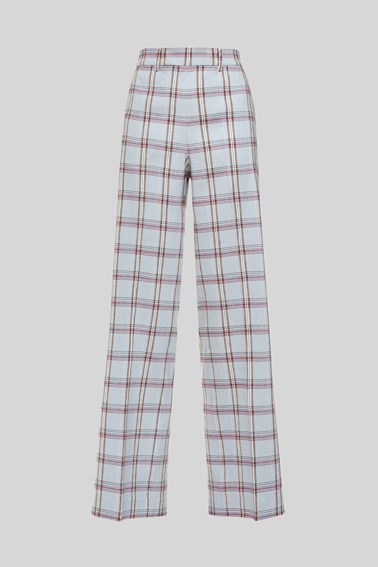 pink and black check trousers